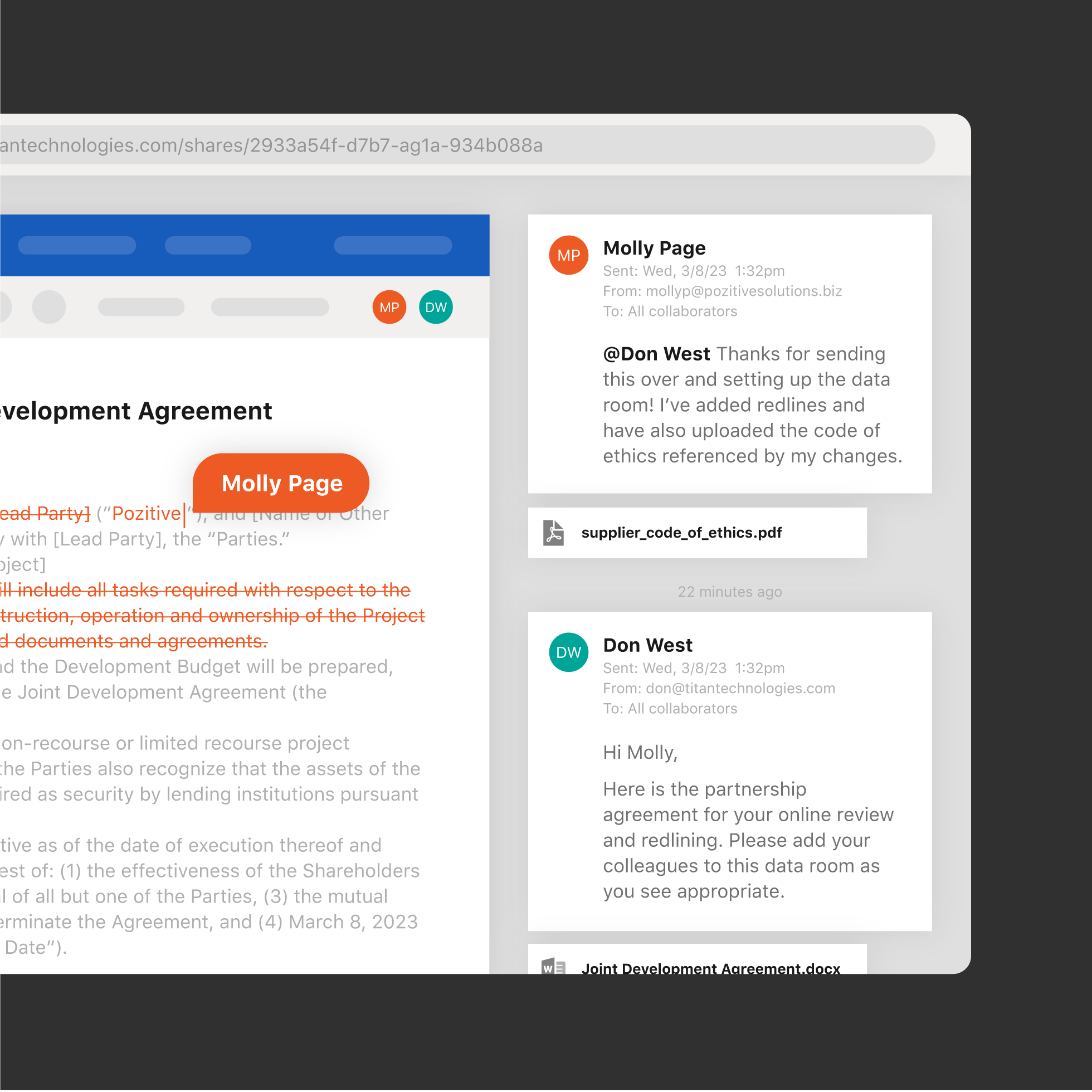 Email-driven modern collaboration, including content co-authoring